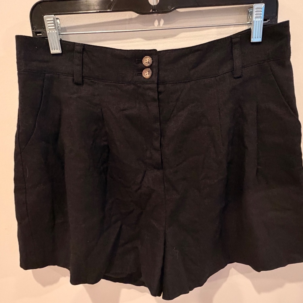 Evereve‎ Black Linen Blend High Waisted Pleated Shorts Size Large 0874